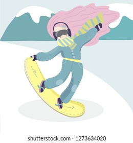 Snowboarder woman vector illustration. Girl jumping on her snowboard with the mountains on the background. Snowboarding female cartoon character.