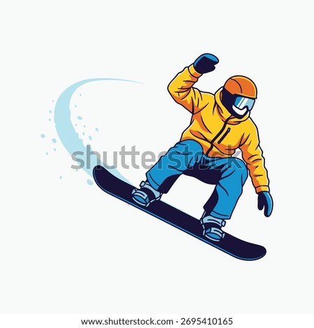 A snowboarder in a yellow jacket and blue pants is shown mid-air, carving a turn on a black snowboard, with a blue trail behind.