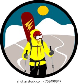 Snowboarder in a yellow jacket with a board on the mountains