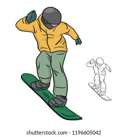 Snowboarder with yellow jacket and helmet vector illustration sketch doodle hand drawn with black lines isolated on white background
