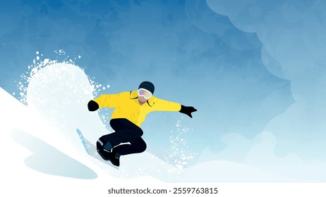 Snowboarder in yellow snowsuit skiing on mountain. Vector poster of Winter Sport. Man playing snowboarding, skiing or skating. Winter landscape with snow. Horizontal banner template. 