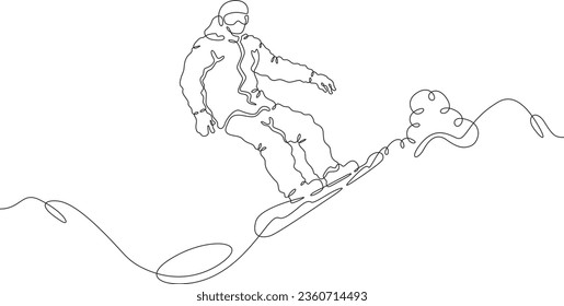 Snowboarder.Landscape.Extreme sport.Mountains.Snowboard. One continuous line. Linear. Hand drawn, white background.