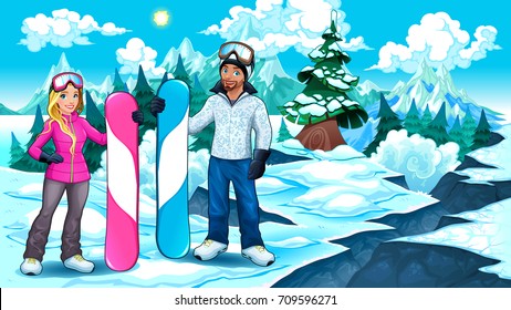 Snowboarders boy and girl on the mountain. Vector illustration 
