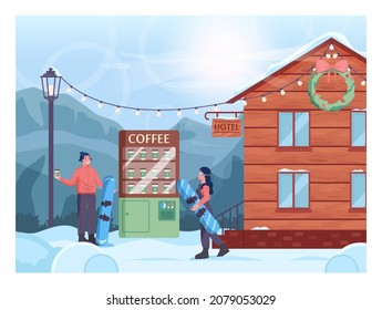 Snowboarders buying a coffee at the coffee machine. Ski and snowboarding resort hotel. Snowy hills and forest scenery. December freezing weather. Flat vector illustration