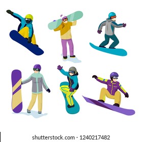 snowboarders cartoon girls boys snowboarding winter sport people cartoon flat style vector illustration set winter sport people sportive winter jumping snowboard man woman