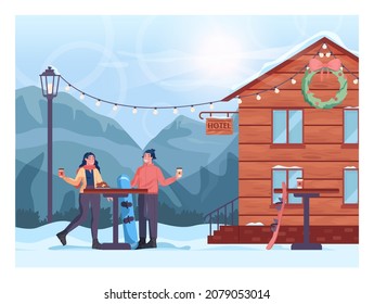 Snowboard tomando un café. Personajes jóvenes tomándose un descanso. Hotel en la estación de esquí y snowboard. Colinas nevadas y paisaje forestal. El clima helado de diciembre. Ilustración vectorial plana