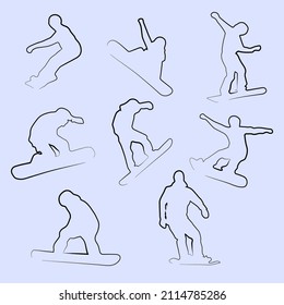 Snowboarders. Eight linear silhouettes of snowboarders. A set of silhouettes of snowboarders. Stencils. Linear art.