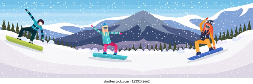 snowboarders group sliding down snowy mountain fir tree forest landscape background people snowboarding winter vacation flat horizontal vector illustration