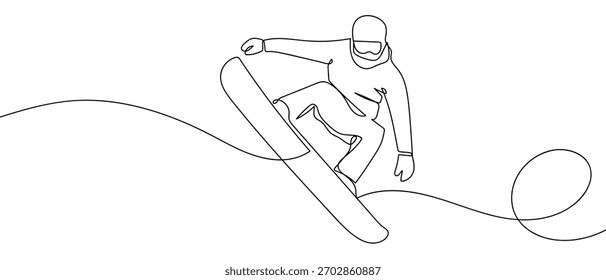 Snowboarders are jumping in a single continuous line. Dynamic single line draw design vector illustration