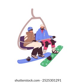 Os snowboarders elevam-se à montanha, inclinam-se pelo teleférico. Casal com pranchas de neve fica na cabine de ropeway. Friends é um carrinho de teleférico em uma estação de esqui no inverno. Ilustração de vetor isolado plano em branco