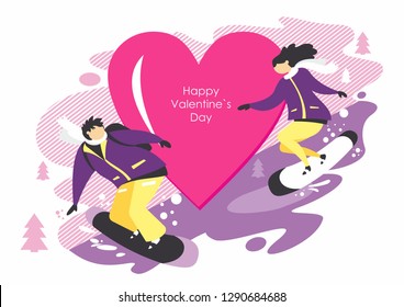 
Snowboarders love. Happy Valentine's Day. Love and winter sport in flat style
