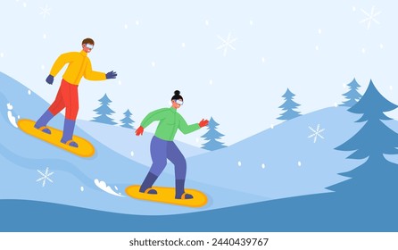 Snowboarder in der Natur. Mann und Frau mit Extremsport und aktivem Lebensstil. Menschen mit Snowboards im Freien. Junger Mann und Mädchen im Wald mit Bäumen. Cartoon flache Vektor-Illustration