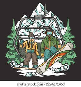 Snowboarders on a ski lift. Winter activ sports. Snowboarding and downhill skiing in a print