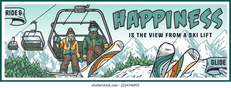 Snowboarders on a ski lift. Winter activ sports. Snowboarding and downhill skiing in a horizontal poster