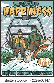 Snowboarders on a ski lift. Winter activ sports. Snowboarding and downhill skiing in a horizontal poster