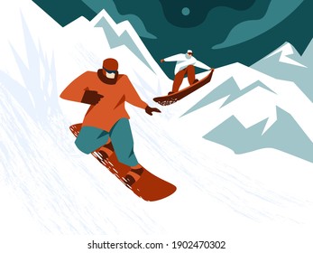 Snowboarders montan en la nieve en las montañas, los personajes se deslizan en los tableros. Velocidad rápida, actividades al aire libre, diseño plano moderno. Fondo abstracto moderno, formas dinámicas.