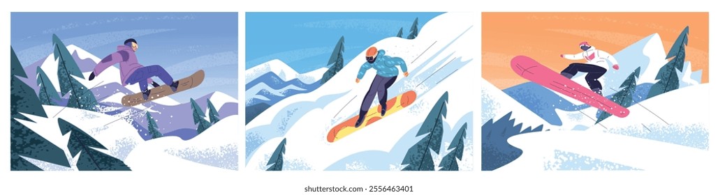 Snowboarders scenes. People snow board riding downhill slope down, man snowboard rider jumping ski resort winter extreme sport outside mountain landscape classy vector illustration original artwork