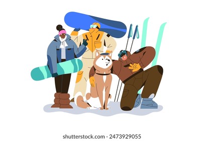 Snowboarders, skier with boards and skis standing on snow. Friends posing with dog, show hand gesture of peace together. People go extreme winter sport. Flat isolated vector illustration on white