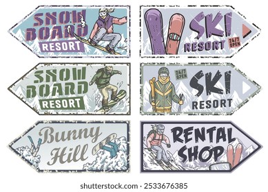 Snowboarders and skiers enjoying winter sports on vintage retro posters advertising ski resorts, bunny hills and rental shops. Winter poster or sign