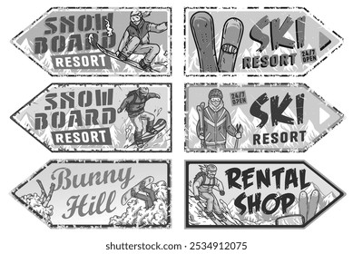 Snowboarder und Skifahrer, die Wintersport auf Vintage-Retro-Plakaten genießen, werben für Skigebiete, Hasenhügel und Verleihgeschäfte. Winterplakat oder -schild