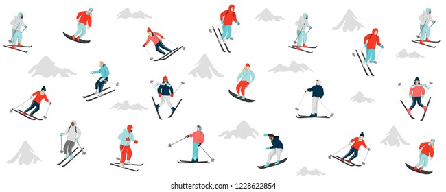 Snowboarders and skiers skiing downhill in high mountains. Set of men and women dressed in winter clothing. Group of happy people on white. Winter holiday design for header, background, card, poster