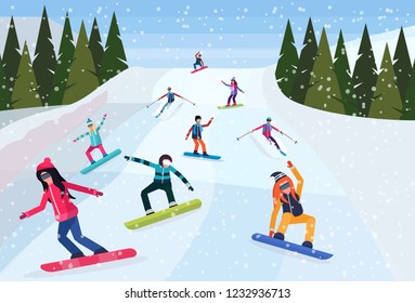 snowboarders sliding down snowy mountain hill fir tree landscape background people snowboarding winter vacation concept flat horizontal vector illustration