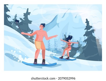 Snowboarders in swim suits. Female character in bikini and male character in swim shorts on snowboard riding down a hill. Ski resort track. Winter extreme sport activities. Flat vector illustration