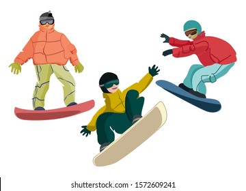 Snowboarders in various positions. Hand drawn vector illustrations in flat style. Isolated on white background