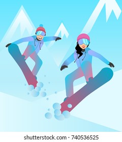 Snowboarders vector illustration. Man and woman jumping on snowboards. Flat characters. Snowboarders on mountain slope background. Vector illustration