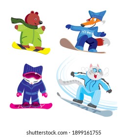 snowboarding animals, a set with different characters on a snowboard, a bear, a cat, a fox cub