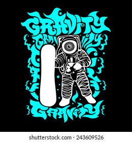 Snowboarding astronaut with custom lettering