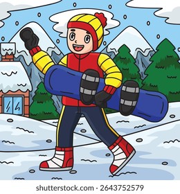 Snowboarding Boy Carrying Snowboard Colored 