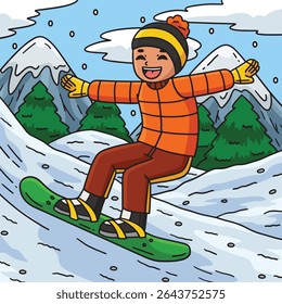 Snowboarding Boy Gliding with Snowboard Colored 