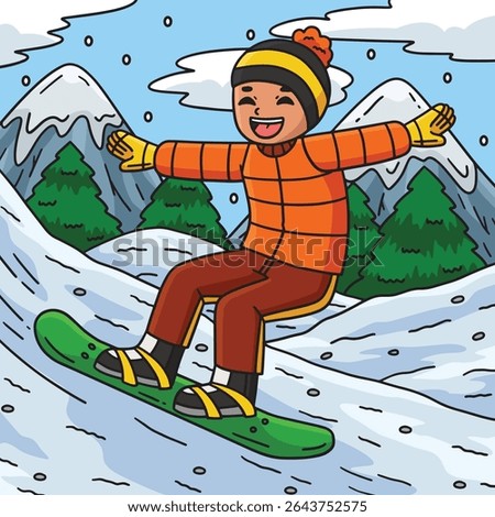 Snowboarding Boy Gliding with Snowboard Colored 