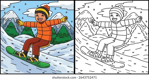 Snowboarding Boy Gliding Snowboard Illustration 