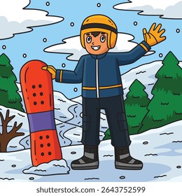 Snowboarding Boy Holding Snowboard Colored Cartoon