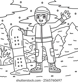 Snowboarding Boy Holding a Snowboard Coloring Page