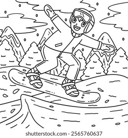 Snowboarding Boy making a Leap Coloring Page 