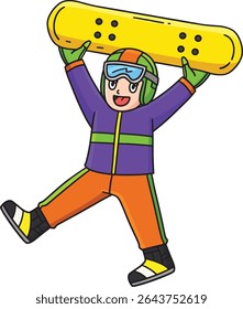Snowboarding Boy Raising Snowboard Cartoon Clipart
