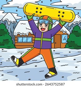 Snowboarding Boy Raising Snowboard Colored Cartoon