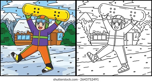 Snowboarding Boy Raising a Snowboard Illustration 