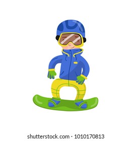 Snowboarding boy, winter outdoor activity cartoon vector Illustration