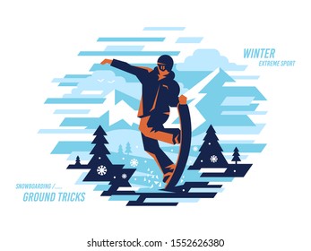 Snowboarding buttering, ground tricks vector modern illustration design on a white background