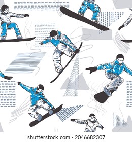 Snowboarding camo pattern for kids. Graphic background hand-drawn seamless pattern