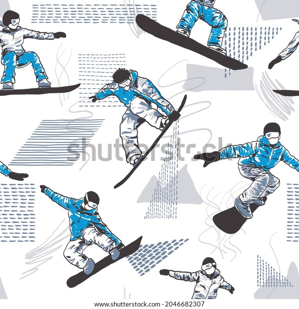 Snowboarding camo pattern for kids. Graphic\
background hand-drawn seamless\
pattern