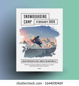 Planta de diseño de afiches o volante del campamento de snowboard con silueta oscura del jinete de snowboard en el paisaje montañoso. Ilustración vectorial.