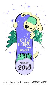 snowboarding cartoon illustration with dog 2018