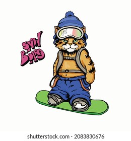 Snowboarding Cat. Cool Cat On Snowboard With Abs Bag And Snow Ski Mask Vector Cartoon.