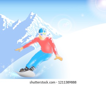 Snowboarding championship flyer. Contest poster with Snowboarder Silhouette on abstract winter background. Extreme winter sport. Applicable for invitation design, banners, flyers. Vector eps10