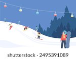 Snowboarding character. Little boy with snowboard equipment looking on people on mountain. Winter sport activities, skiing on nature, vector scene